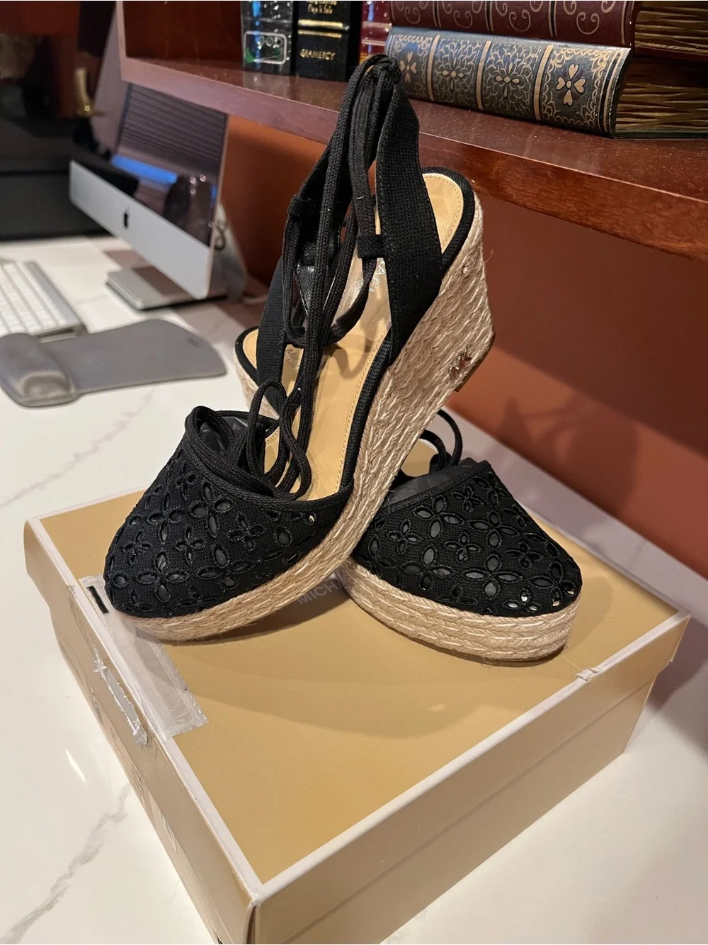 Michael Kors Black Floral Lace Espadrille Wedge Sandals with Ankle Tie